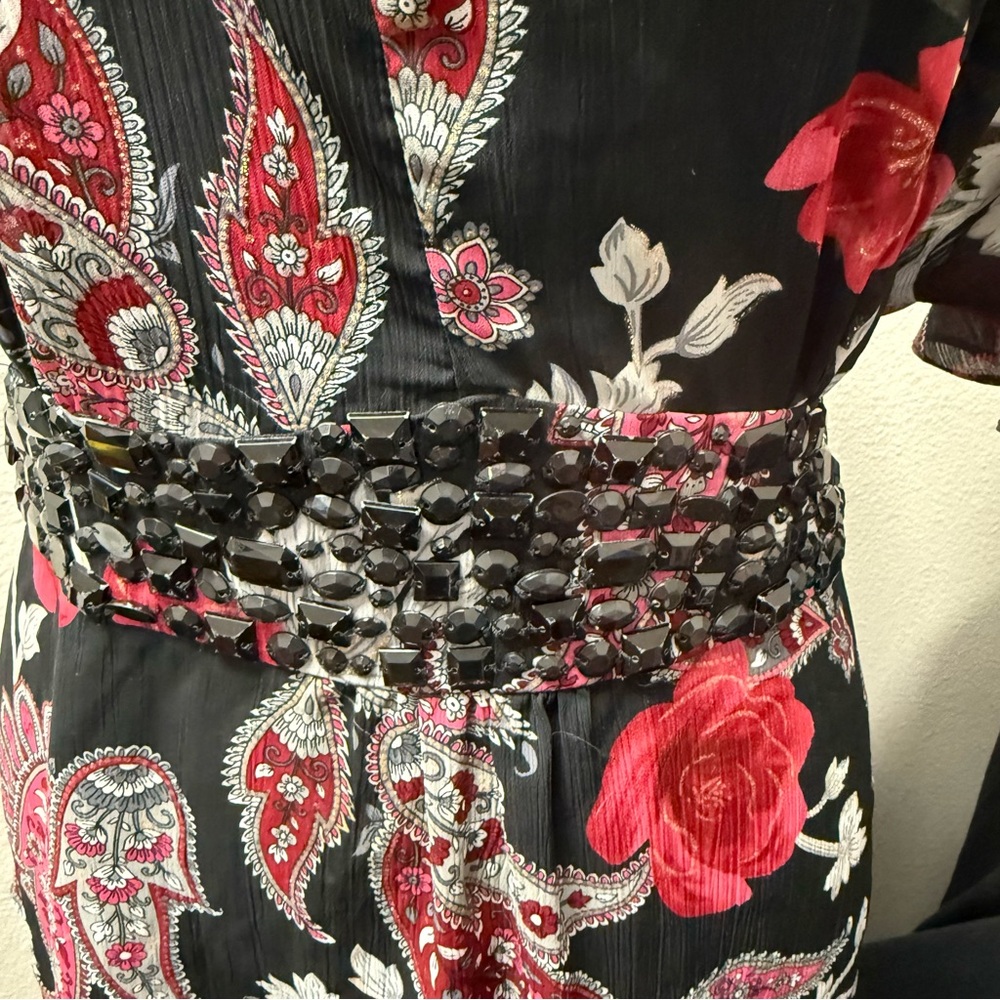 Apt. 9 Black Red Paisley Floral Beaded Waist Blouse L Dressy Boho Top - Picture 2 of 7